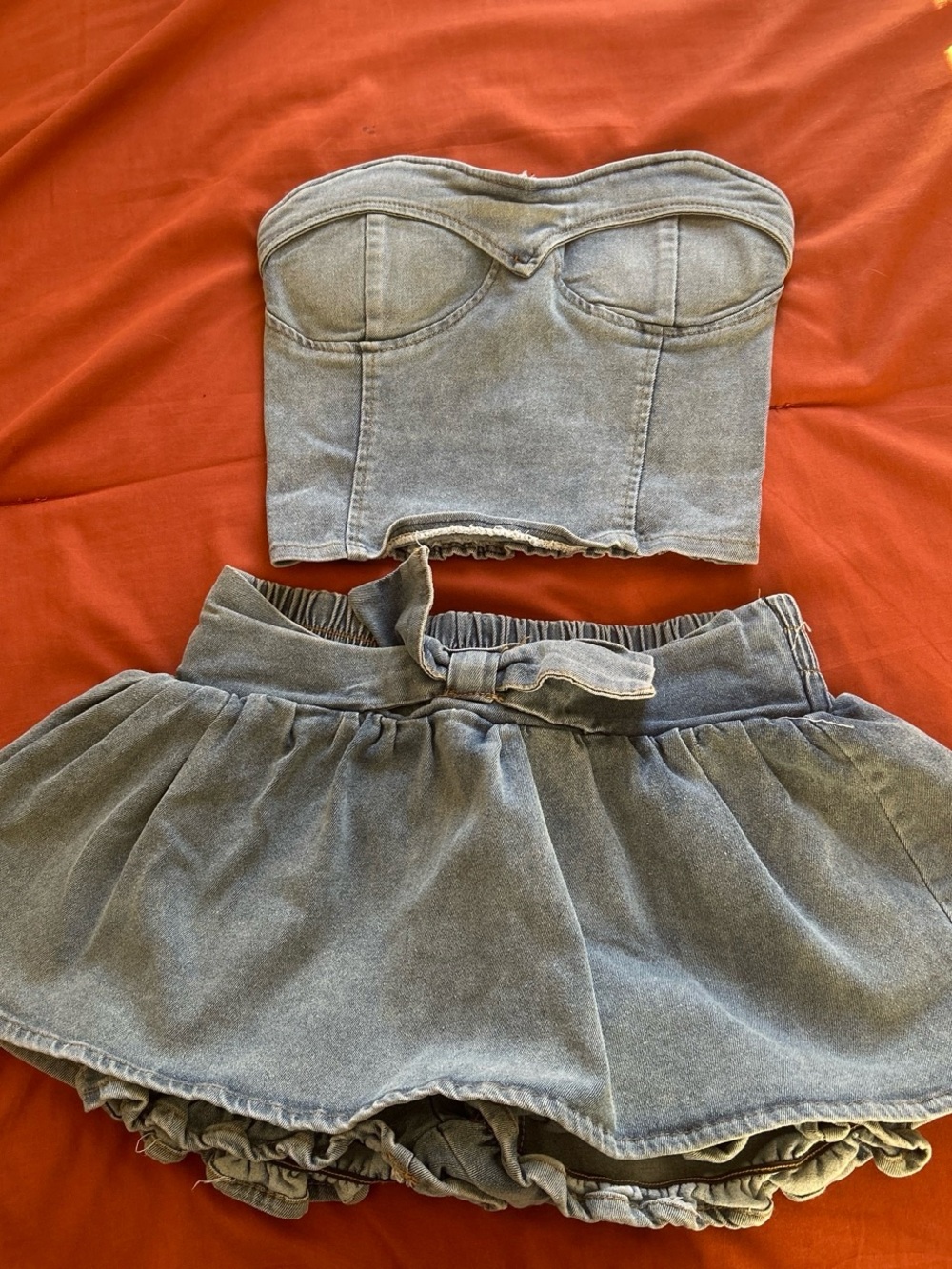 Girls Washed Denim Skirt with Built-In Shorts - Light Blue